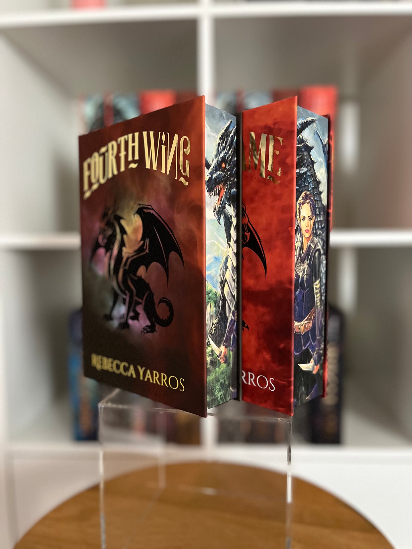 FOURTH WING & IRON FLAME SET. Recovered/Rebind with custom cover art and edge print.