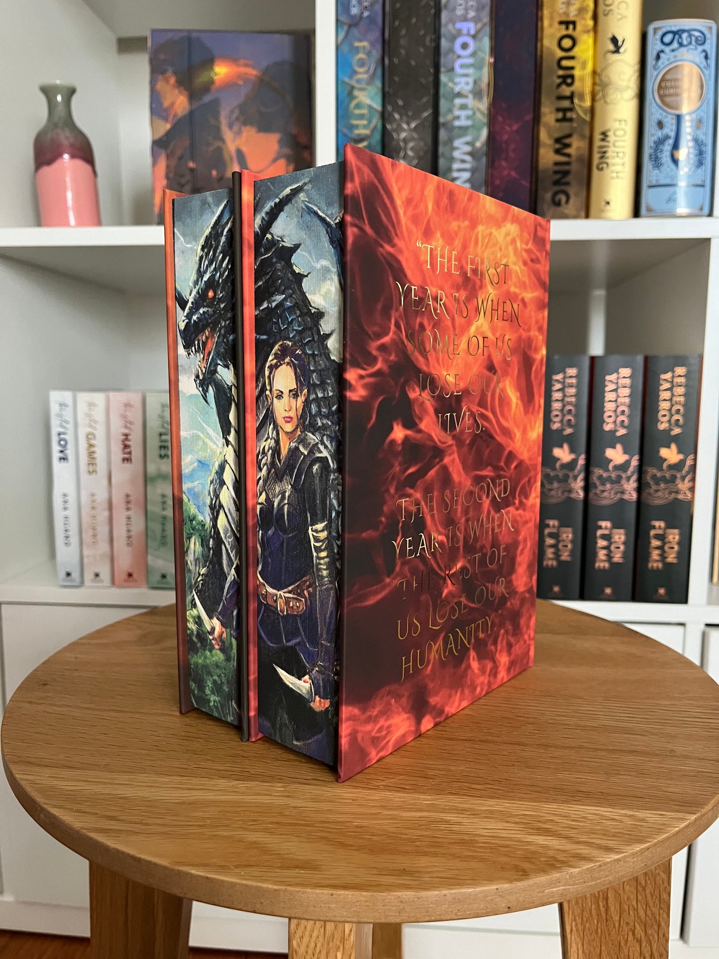 FOURTH WING & IRON FLAME SET. Recovered/Rebind with custom cover art and edge print.